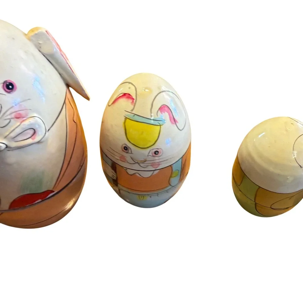 Vintage Wooden Bunny Nesting Dolls Set 5 Piece Easter Rabbit Egg READMulticolor